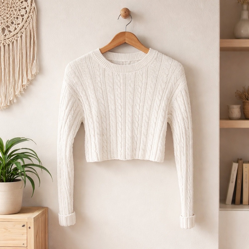 Aerie Cropped Cable Knit Sweater Women's XS White Preppy Coastal Fitted Classic‎